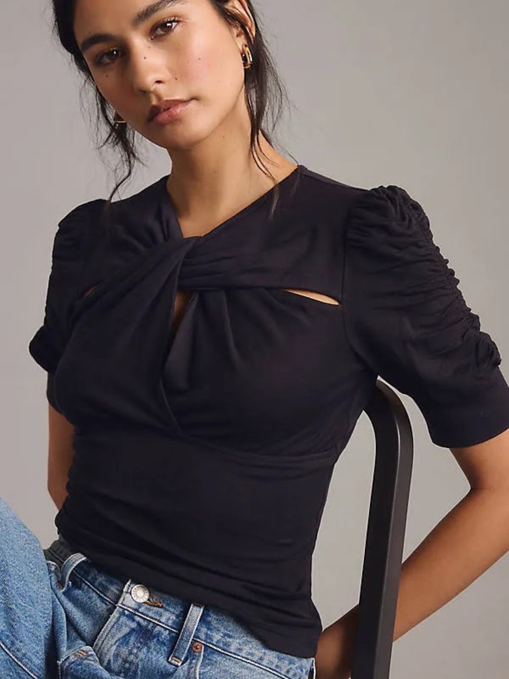 Walter Baker Black Twist-Front Ruched Sleeve Tee